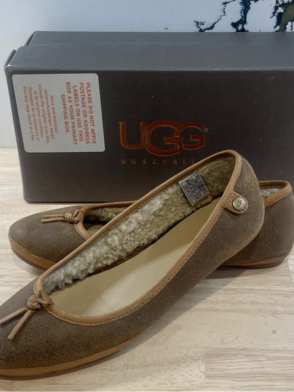 UGG Women's Brown Suede Shearling-Lined Ballet Flats